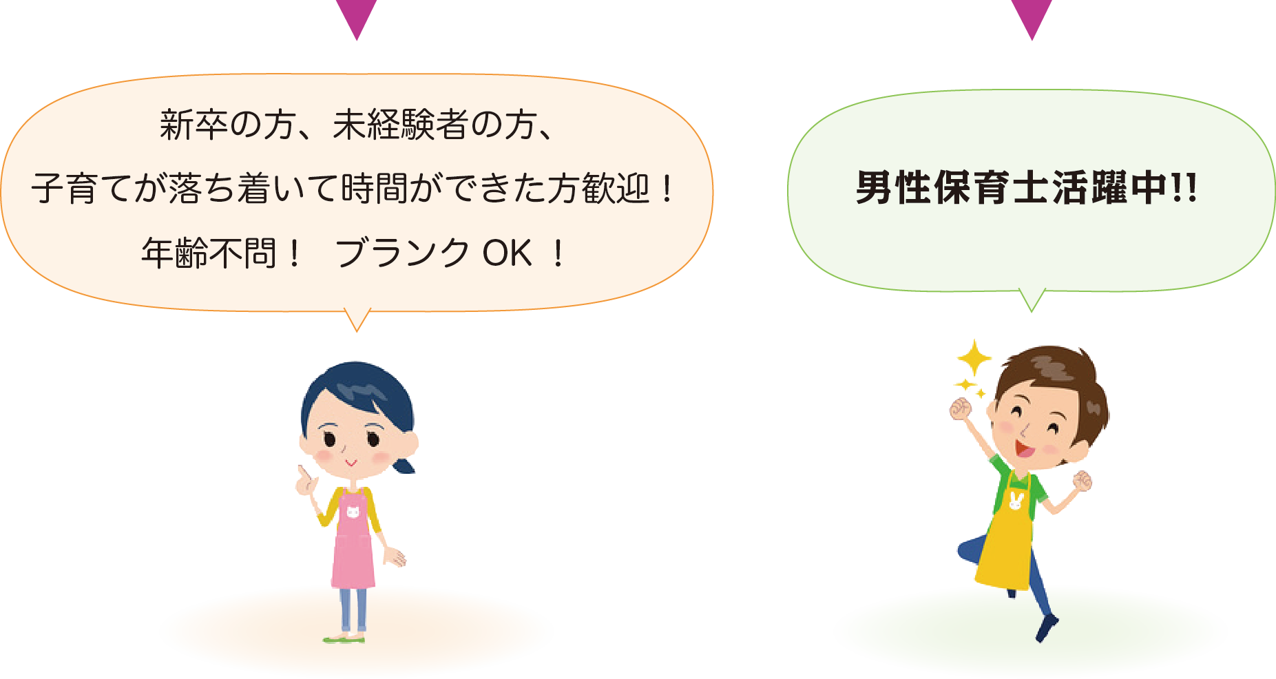 新卒の方、経験者の方、子育てが落ち着いて時間ができた方歓迎！年齢不問！ブランクOK！男性保育士活躍中!!